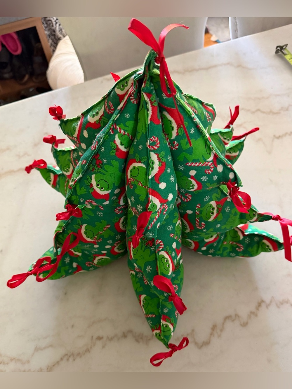 Vintage Handmade 3D Stuffed Fabric Tabletop Christmas Tree Santa Frog Candy Cane